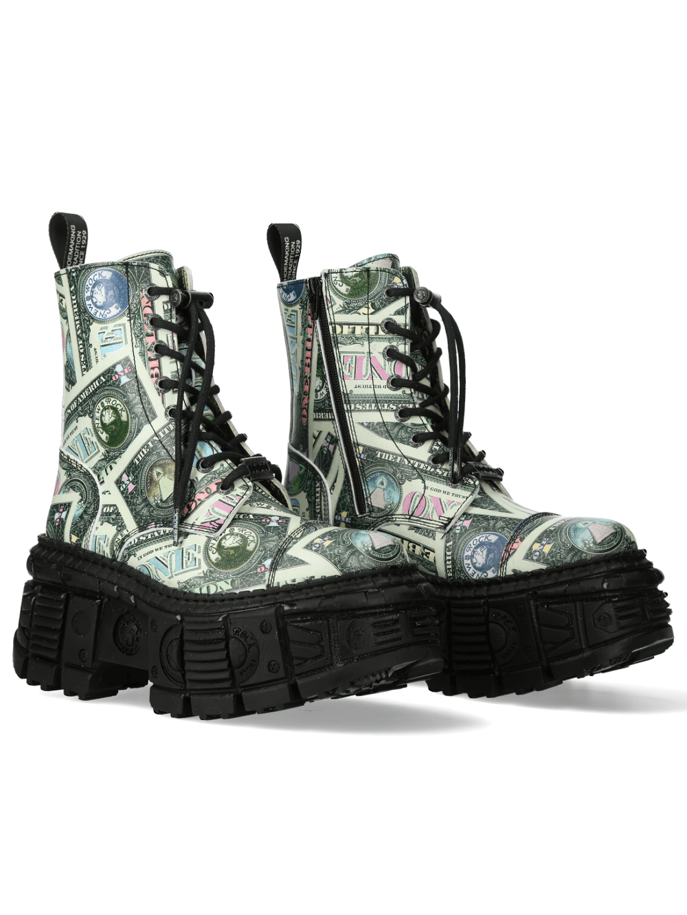 NEW ROCK punk platform ankle boots featuring bold dollar print design. Edgy lace-up closure for statement footwear.
