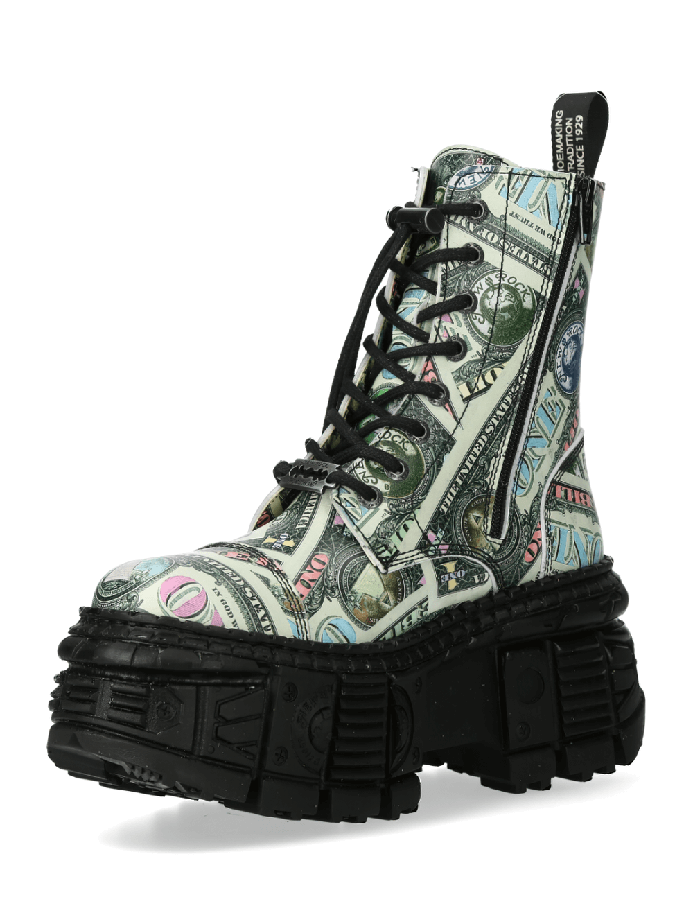 NEW ROCK punk platform ankle boots featuring a bold dollar print design, perfect for edgy footwear lovers.