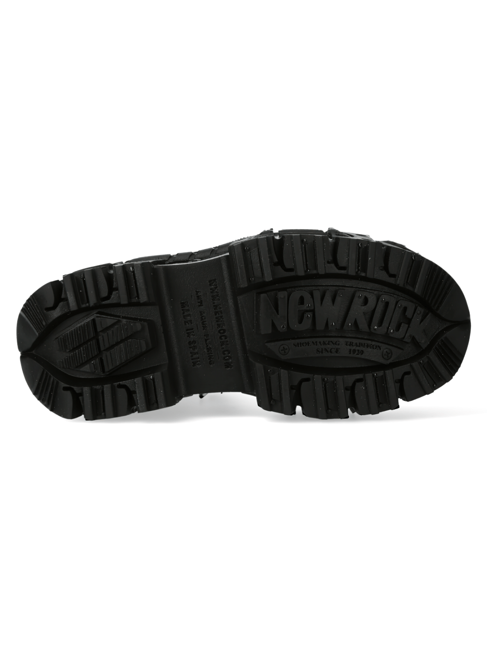 Newrock punk ankle boots sole with bold logo and rugged tread design for edgy fashion.