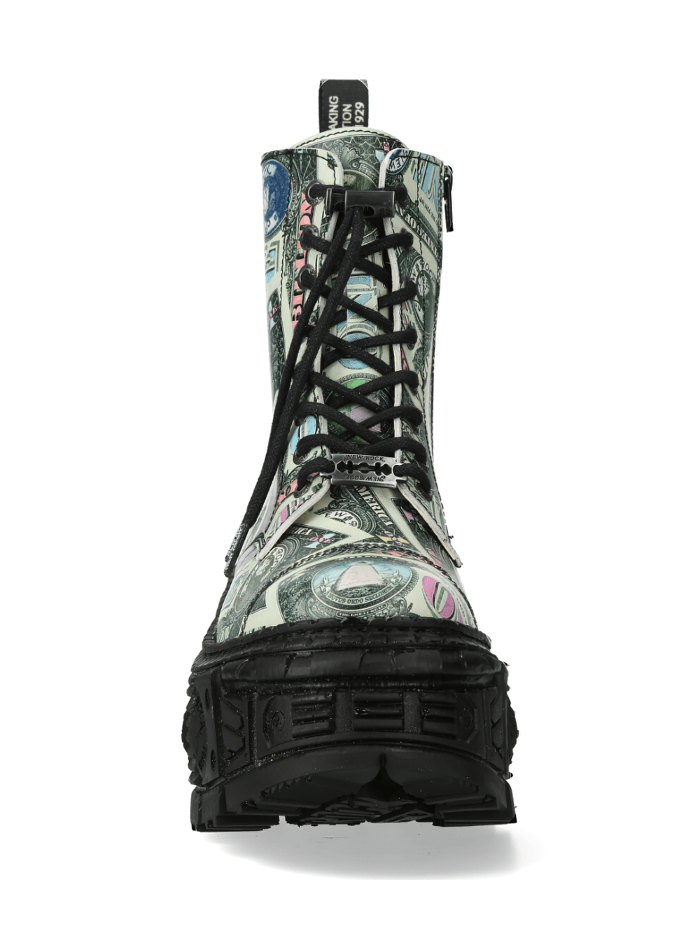 NEW ROCK Punk Platform Ankle Boots with bold dollar print, featuring lace-up and zipper closure for edgy fashion.