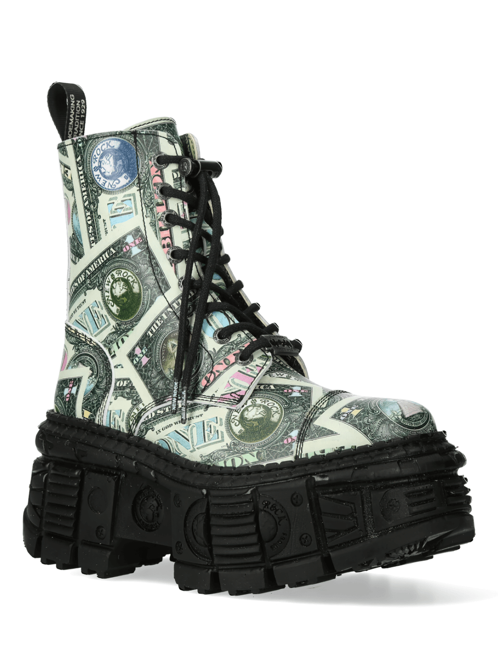 NEW ROCK Dollar Print High Platform Ankle Boots - Edgy lace-up footwear with bold design and robust sole.