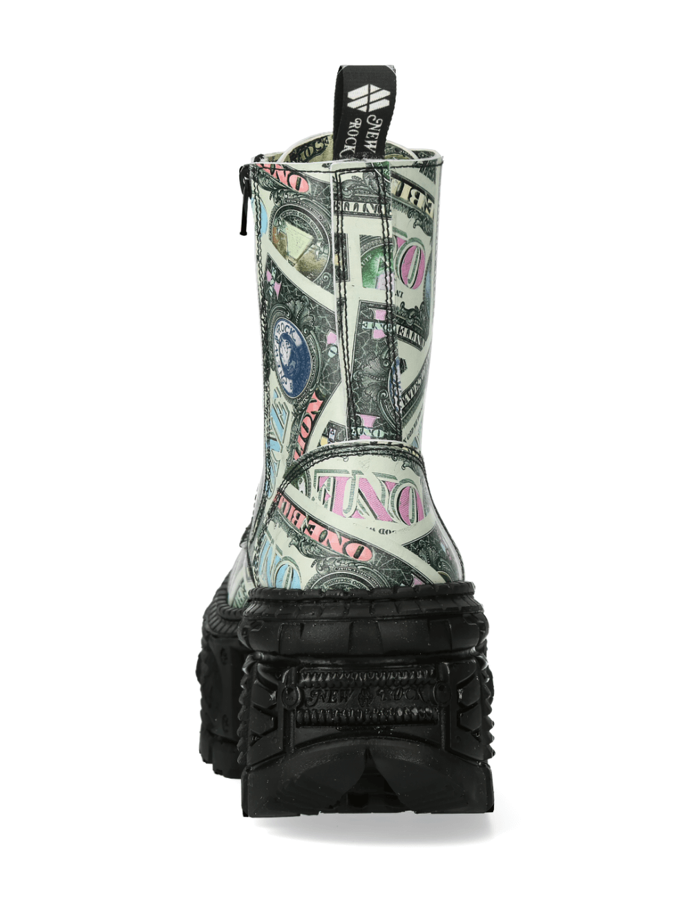 Stylish NEW ROCK ankle boots with eye-catching dollar print and robust black platform sole.