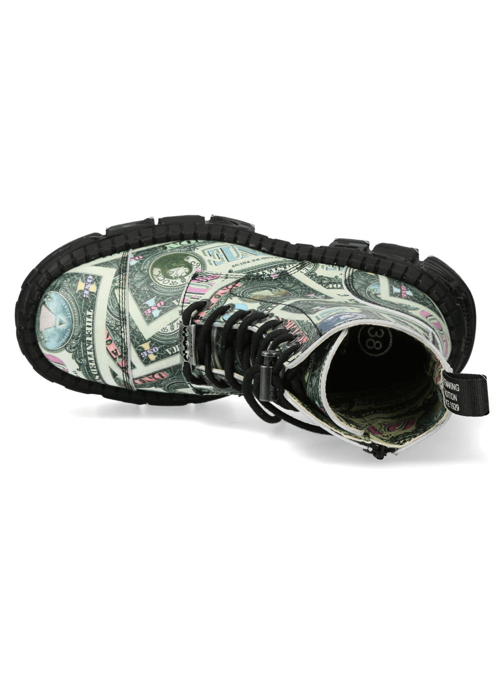 Top view of NEW ROCK Punk platform ankle boots with dollar print design and lace-up closure.