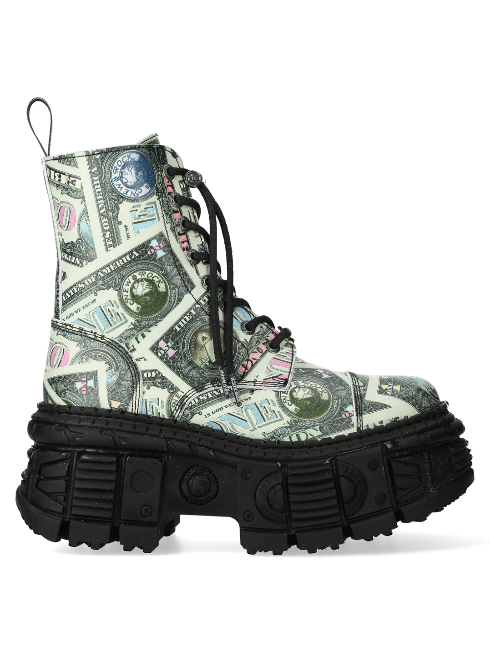 NEW ROCK punk ankle boots with dollar print, high platform and lace-up design for edgy style.