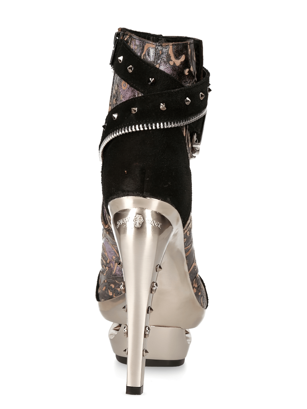 Back view of NEW ROCK punk platform ankle boots with studded accents and metallic chain detail, showcasing a bold design.