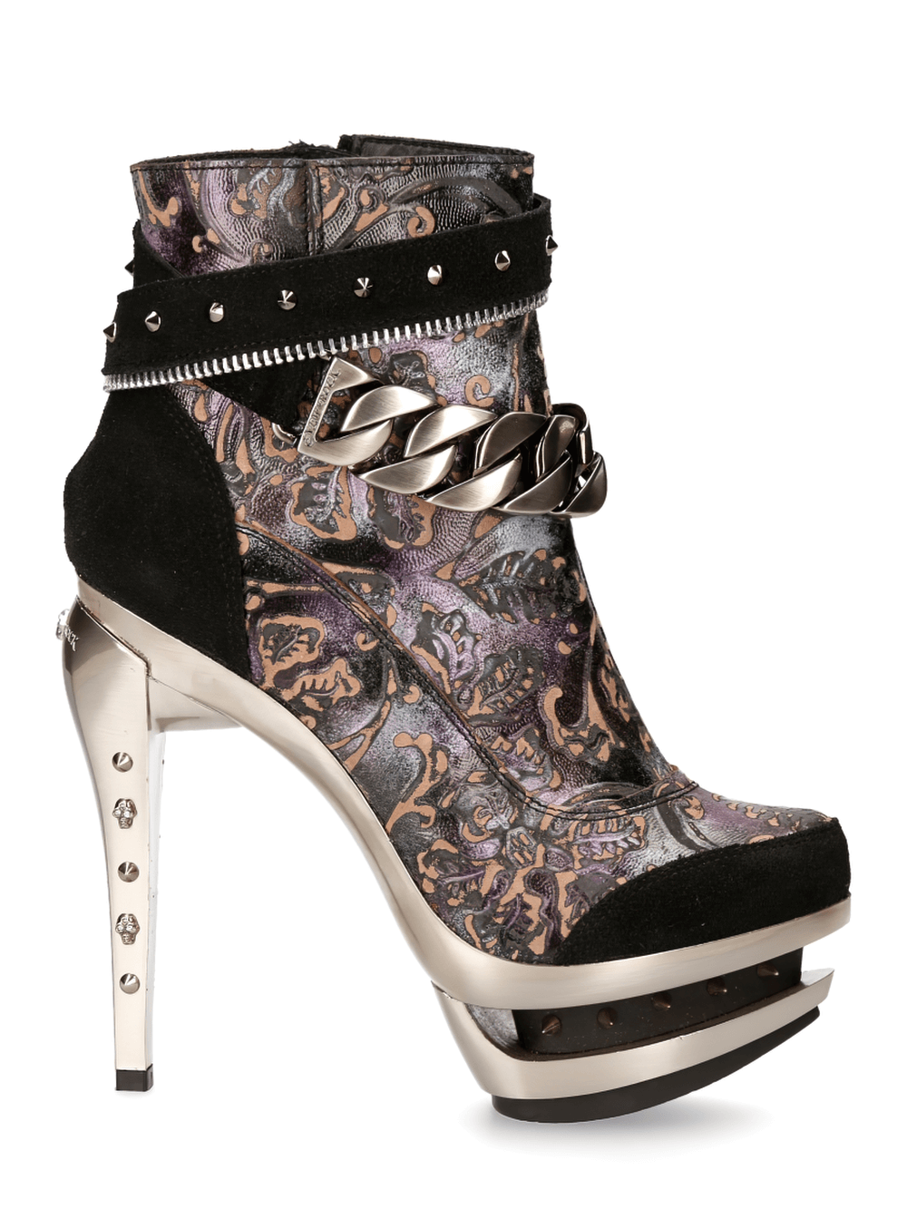 NEW ROCK Punk Platform Ankle Boots with studded accents and chain detail in lilac and black, featuring a sleek silver heel.