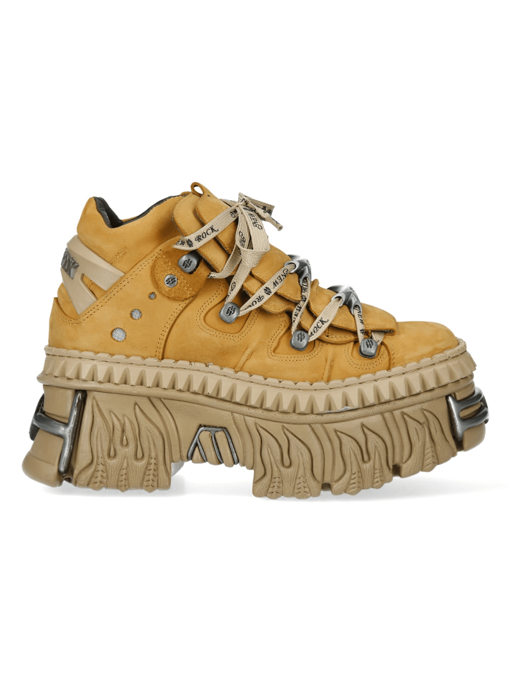 NEW ROCK genuine leather punk rock ankle boots in yellow with metallic accents and unique platform design.