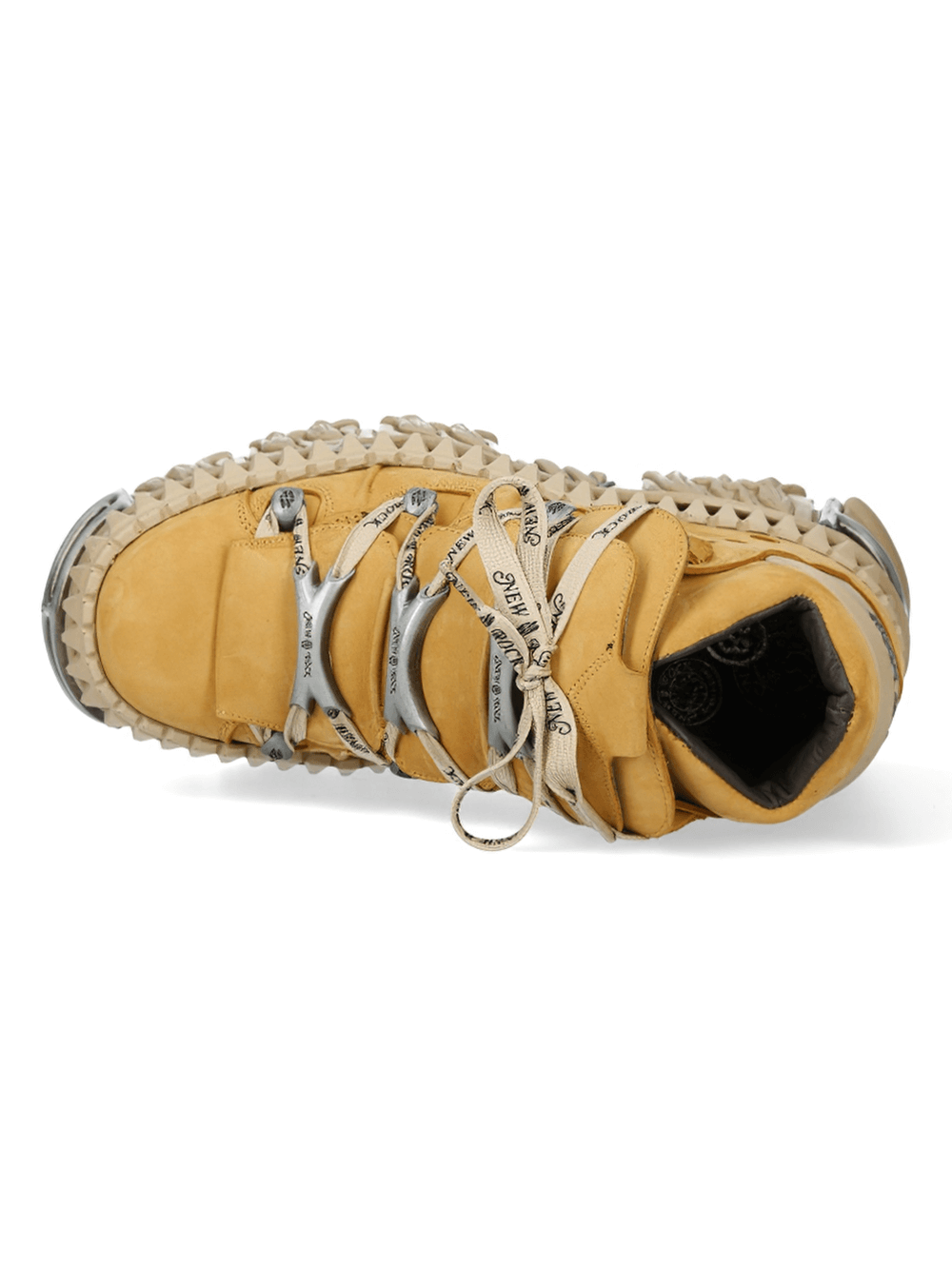 Top view of NEW ROCK yellow punk rock ankle boots with metallic accents and spiked sole design. Perfect for goth fashion.