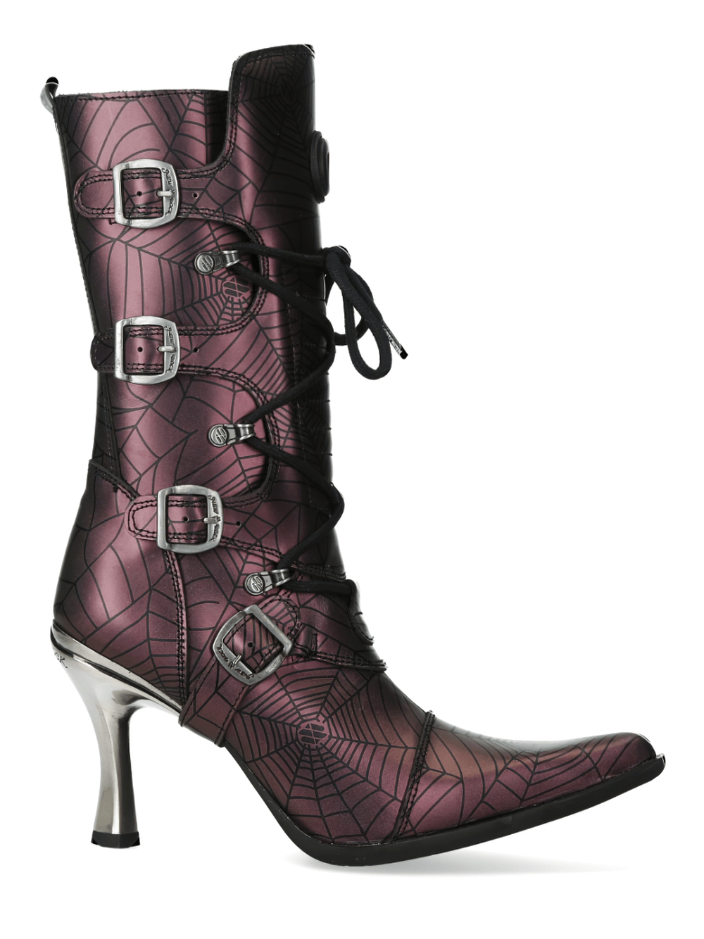Punk rock lace-up boot with spider web design, metallic heel, and buckle straps, perfect for gothic glamour.