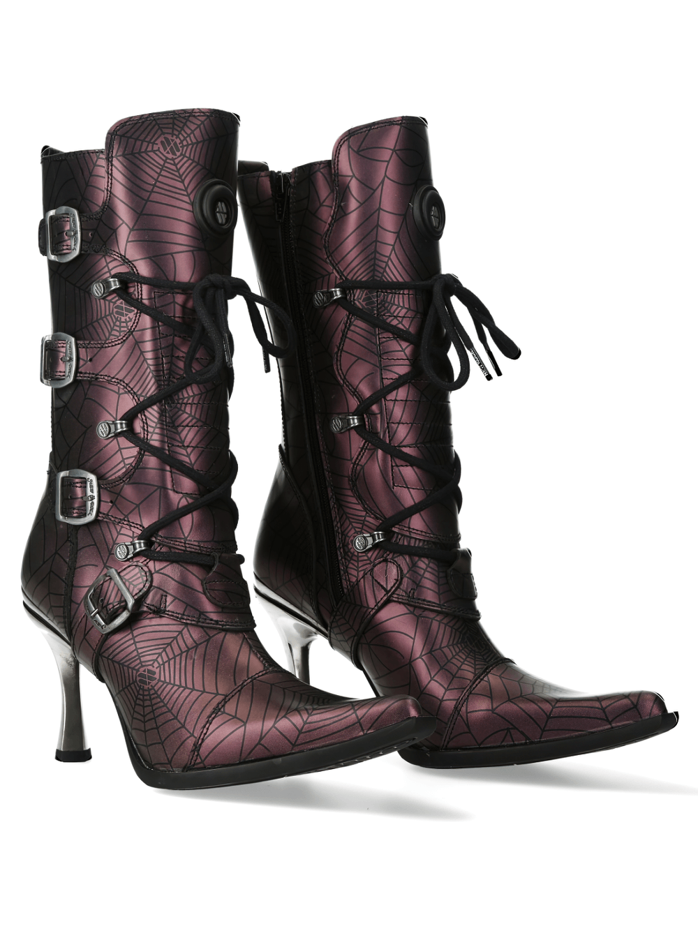 Punk rock lace-up boots with metallic heels and spider web design, featuring zippers and buckle straps for a gothic vibe.