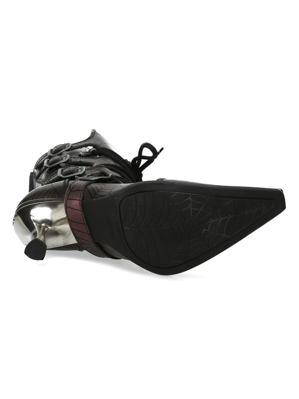 Stylish NEW ROCK Punk Rock Lace-Up Boots with metallic heel and gothic buckle design, showcasing a durable sole.