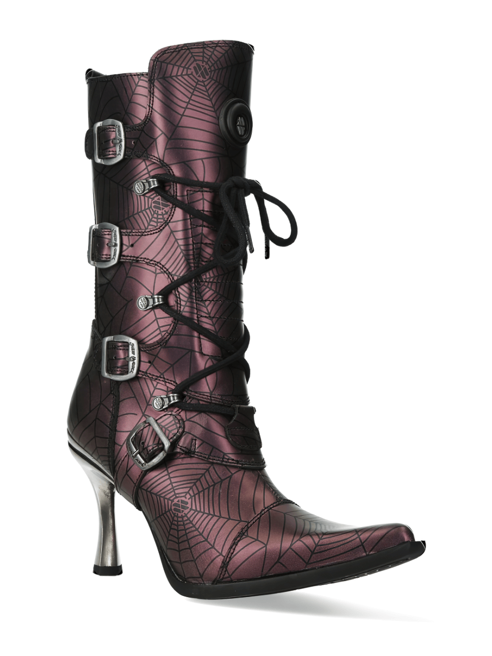 Punk Rock lace-up boots in purple with spiderweb design and metallic heels, featuring zipper and buckle accents.