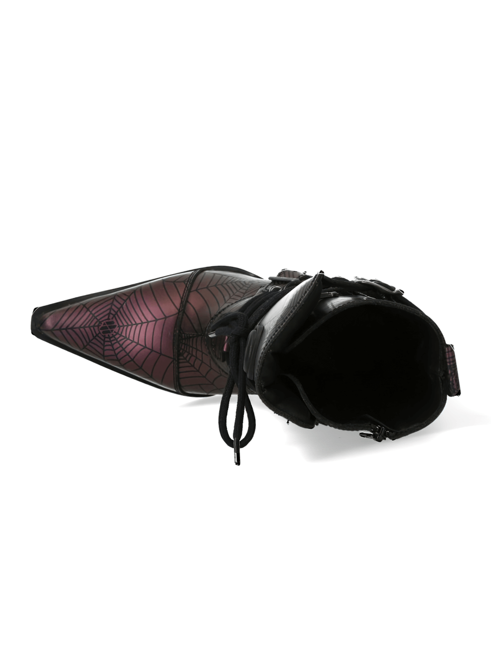 NEW ROCK Punk Rock Lace-Up Boots with Spiderweb Design and Metallic Accents, perfect for a gothic rocker style.
