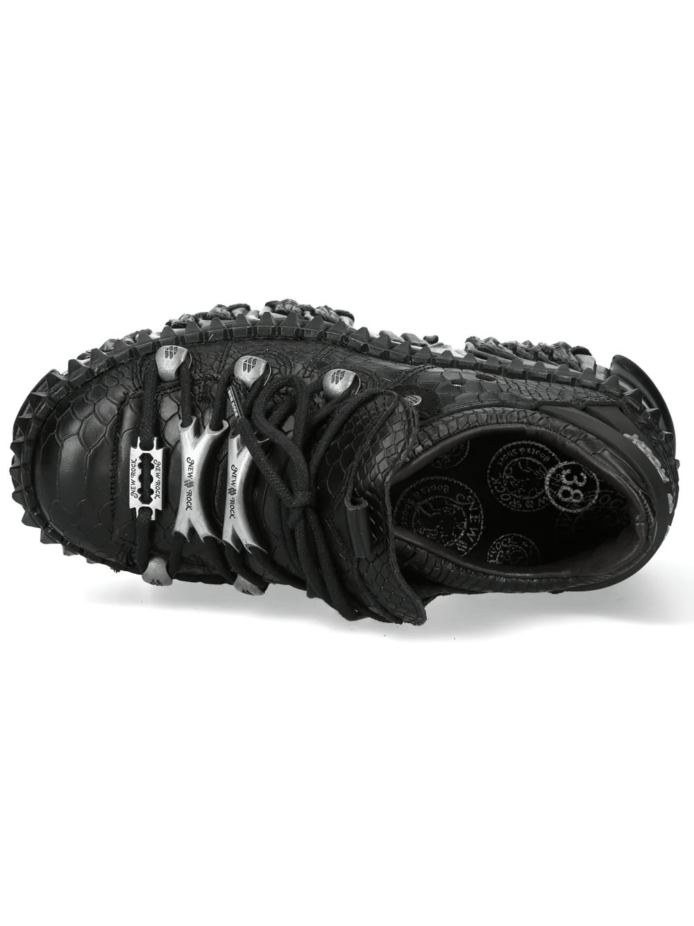 Alt Tag: NEW ROCK Punk Shoes with Croc Texture and Chunky Platform black gothic low-top with croc texture, flame sole & silver trims, top view