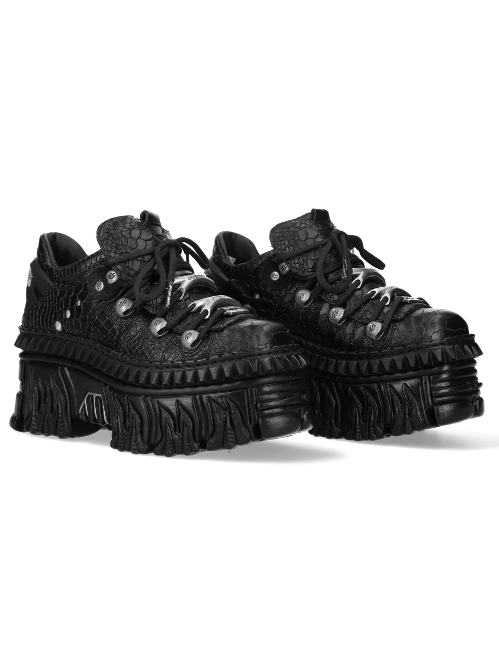 Alt Tag: NEW ROCK Punk Shoes with Croc Texture and Chunky Platform black gothic low-top with croc texture, flame sole, silver trims