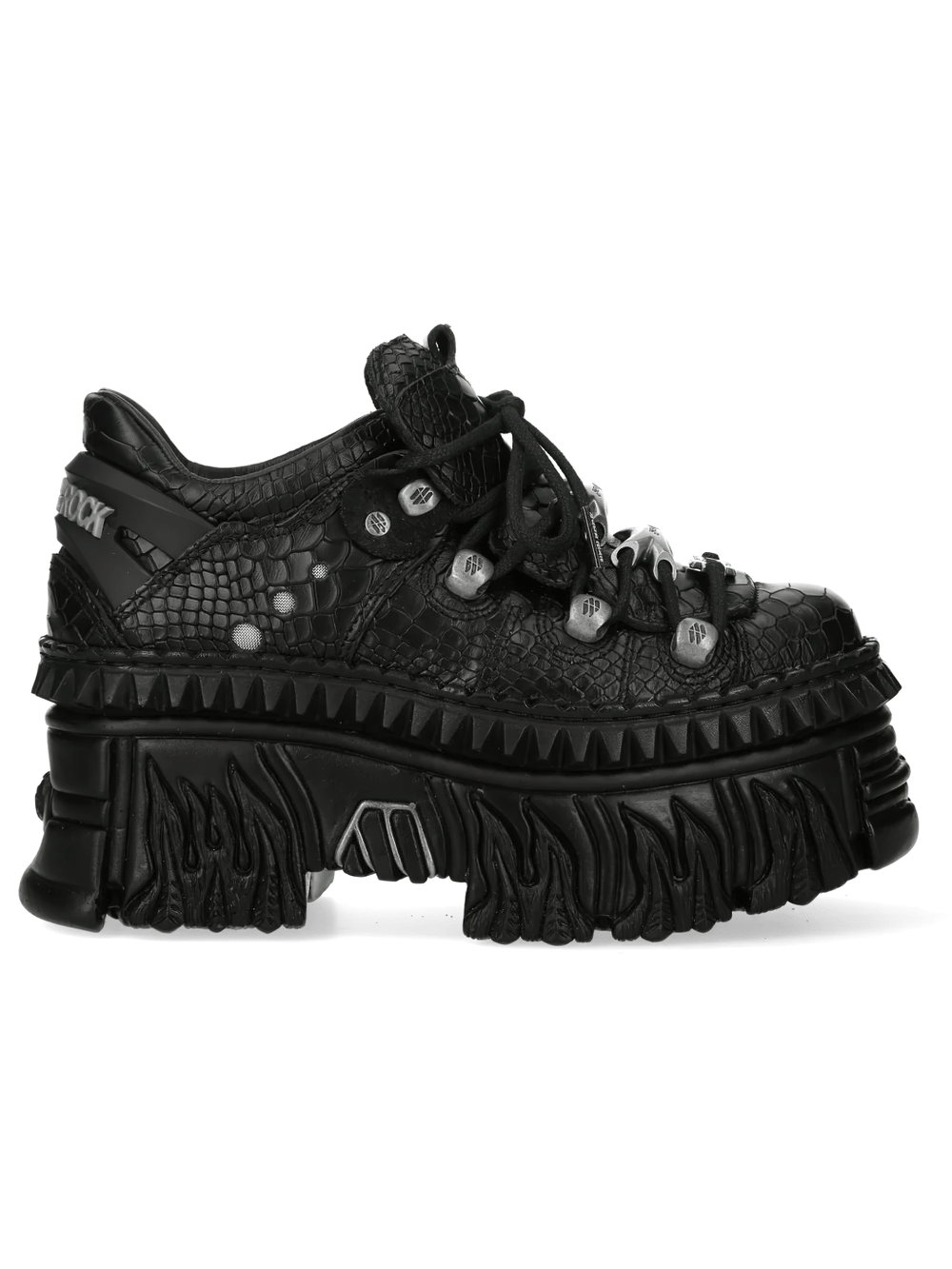 Alt Tag: NEW ROCK Punk Shoes with Croc Texture and Chunky Platform black gothic low top with croc effect, silver lace details, flame sole