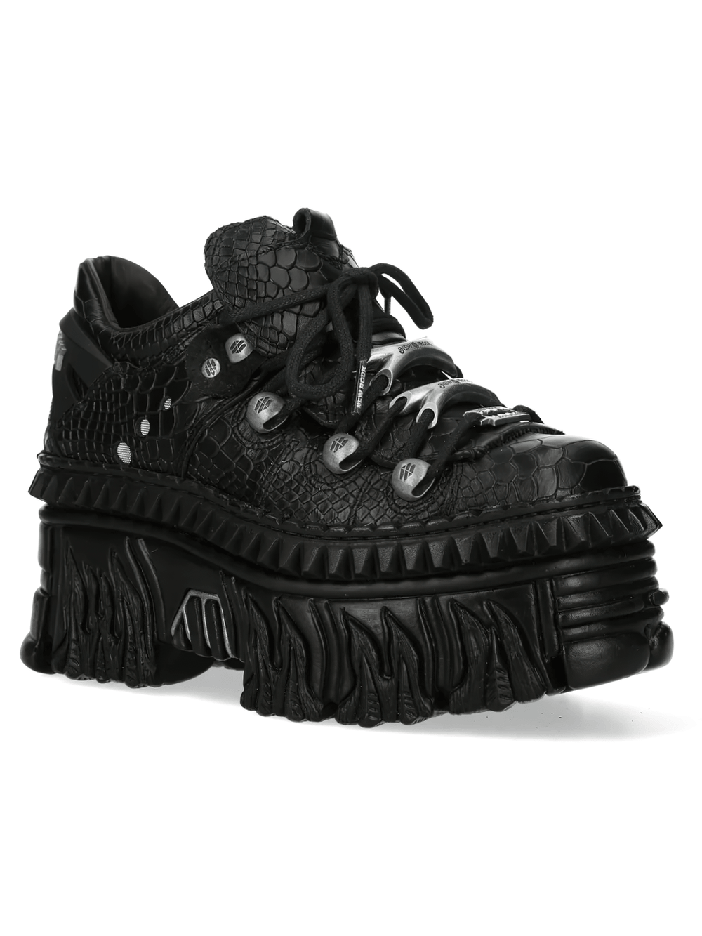 Alt Tag: NEW ROCK Punk Shoes with Croc Texture and Chunky Platform black gothic low-top with croc texture, chunky flame sole, silver trims