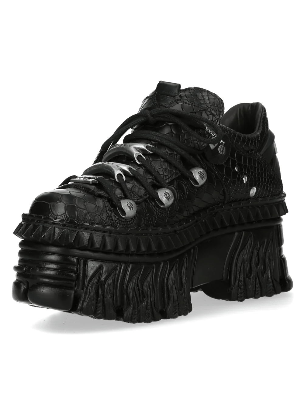 Alt Tag: NEW ROCK Punk Shoes with Croc Texture and Chunky Platform, black gothic low-top with flame sole, silver trims, chunky platform