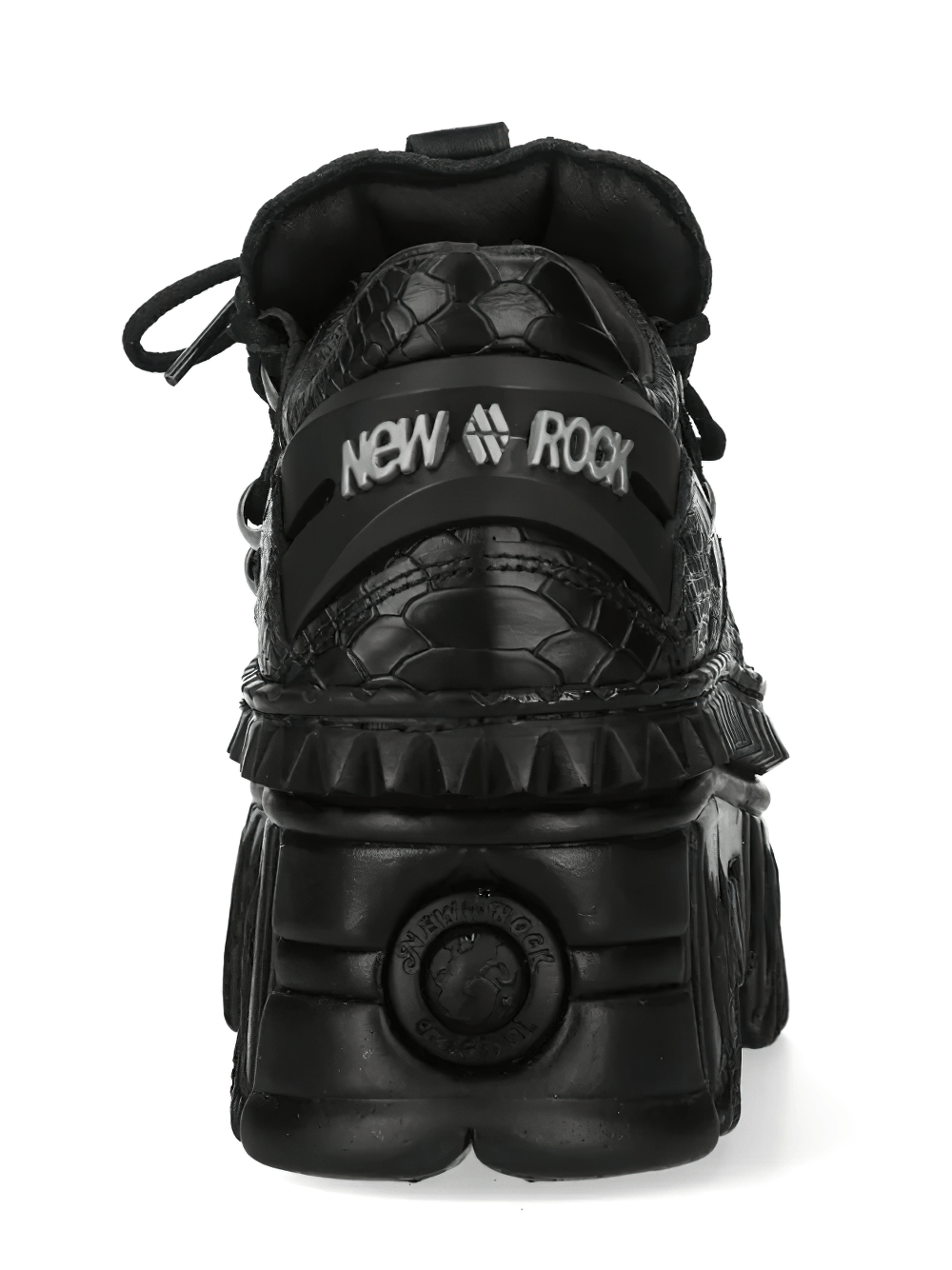 Alt Tag: NEW ROCK Punk Shoes with Croc Texture and Chunky Platform black heel view, croc-embossed low top with chunky sole