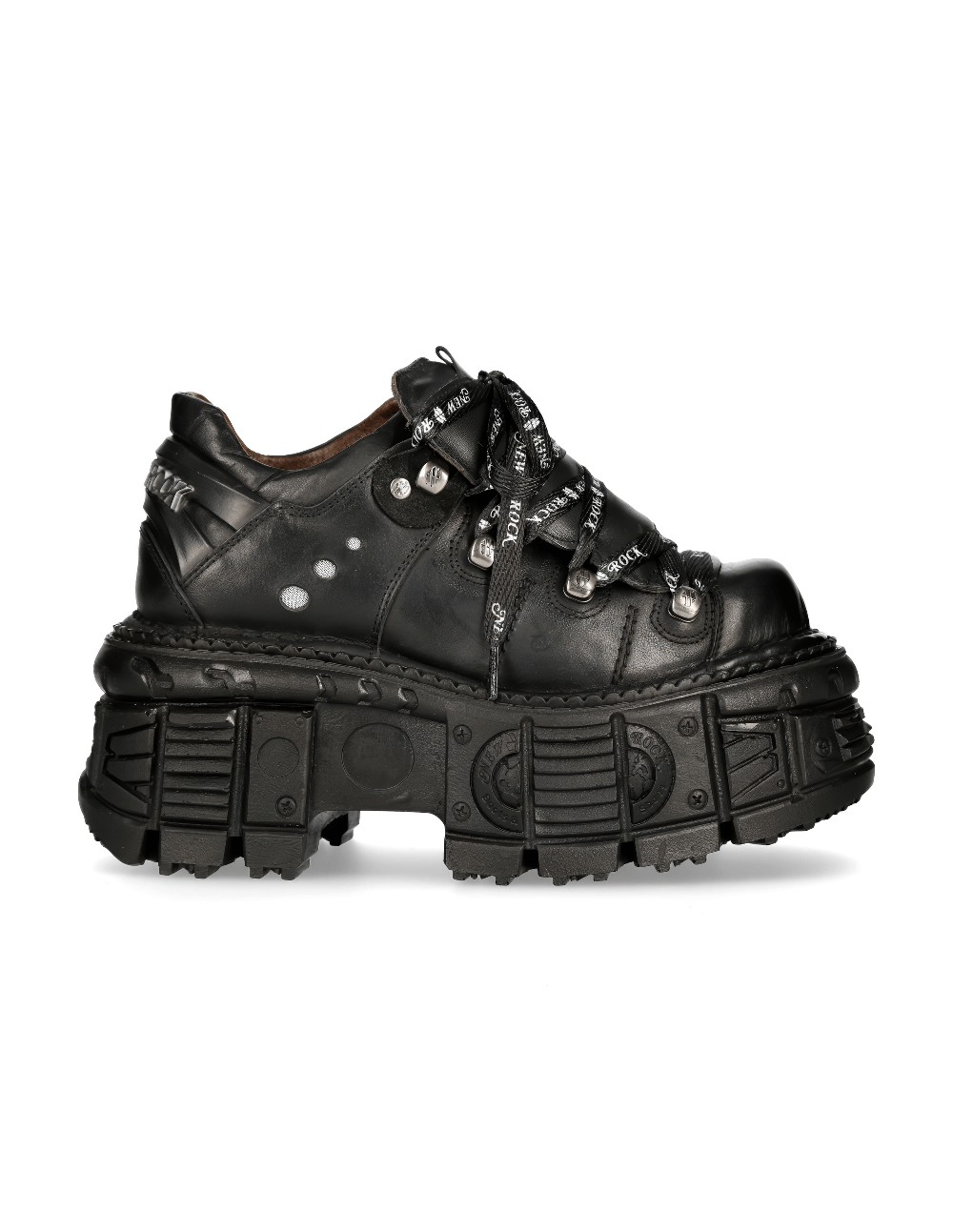 Men's black leather platform boots with lace-up design and bold chunky sole for a punk edgy style.