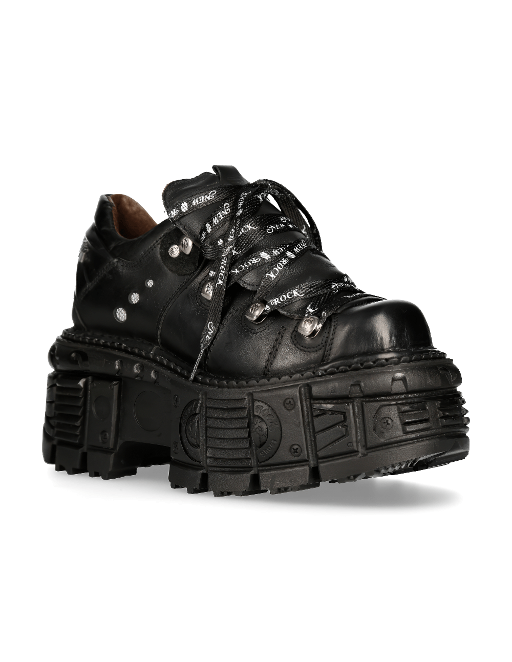 NEW ROCK Men's Punk Style Black Leather Platform Ankle Boots with unique metallic lace-up design.