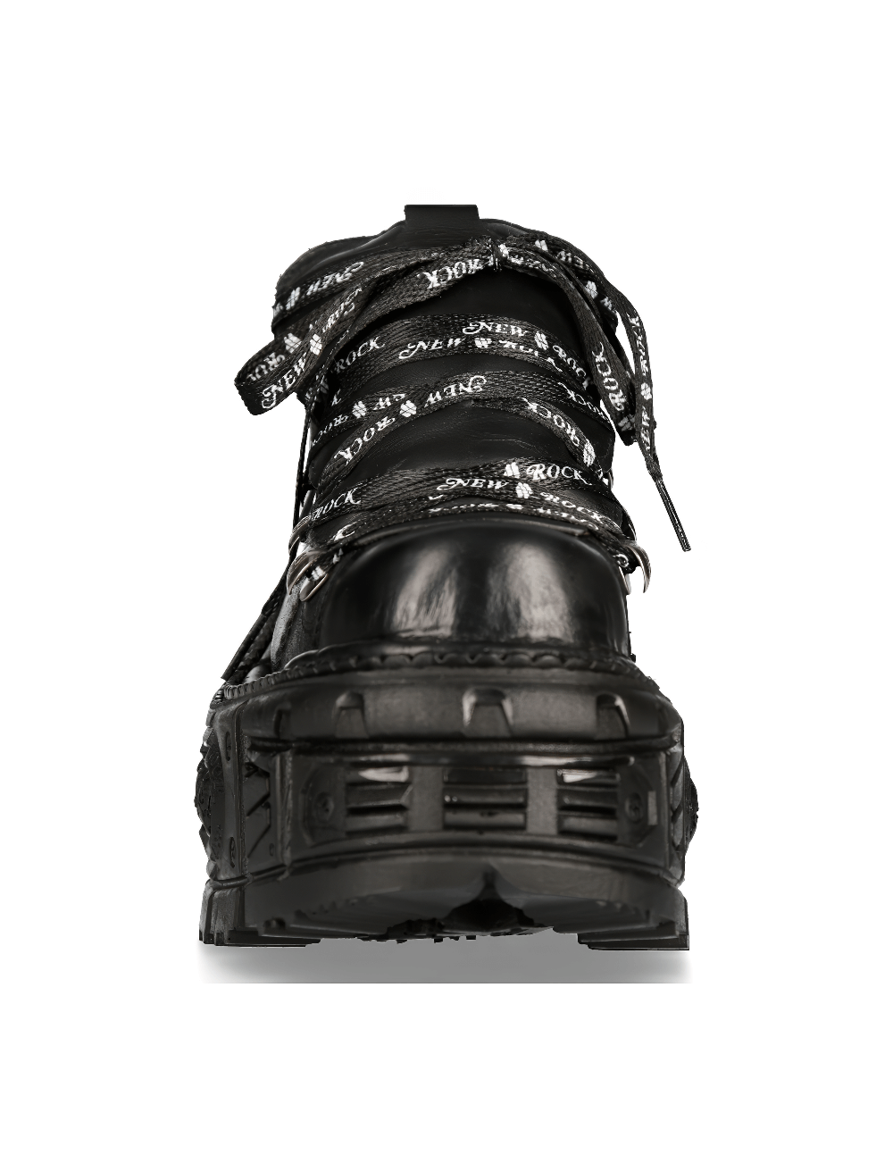 Front view of NEW ROCK men's black leather platform ankle boots with lace-up design and logo detail.
