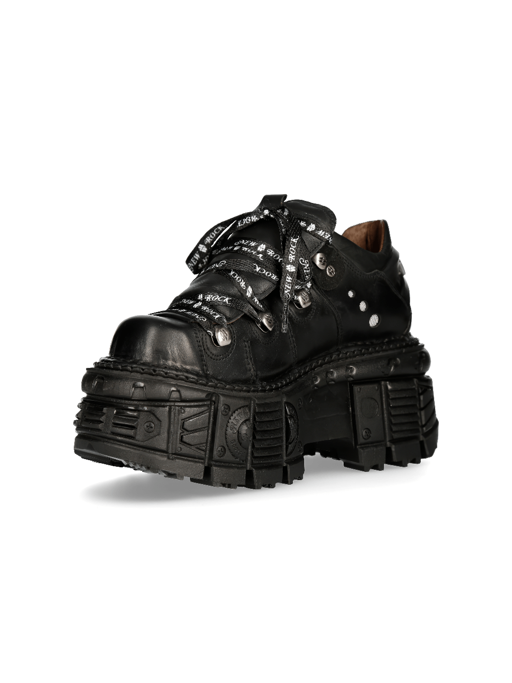 NEW ROCK Men's Black Leather Platform Ankle Boots with bold lace-up design and chunky sole for an edgy look.