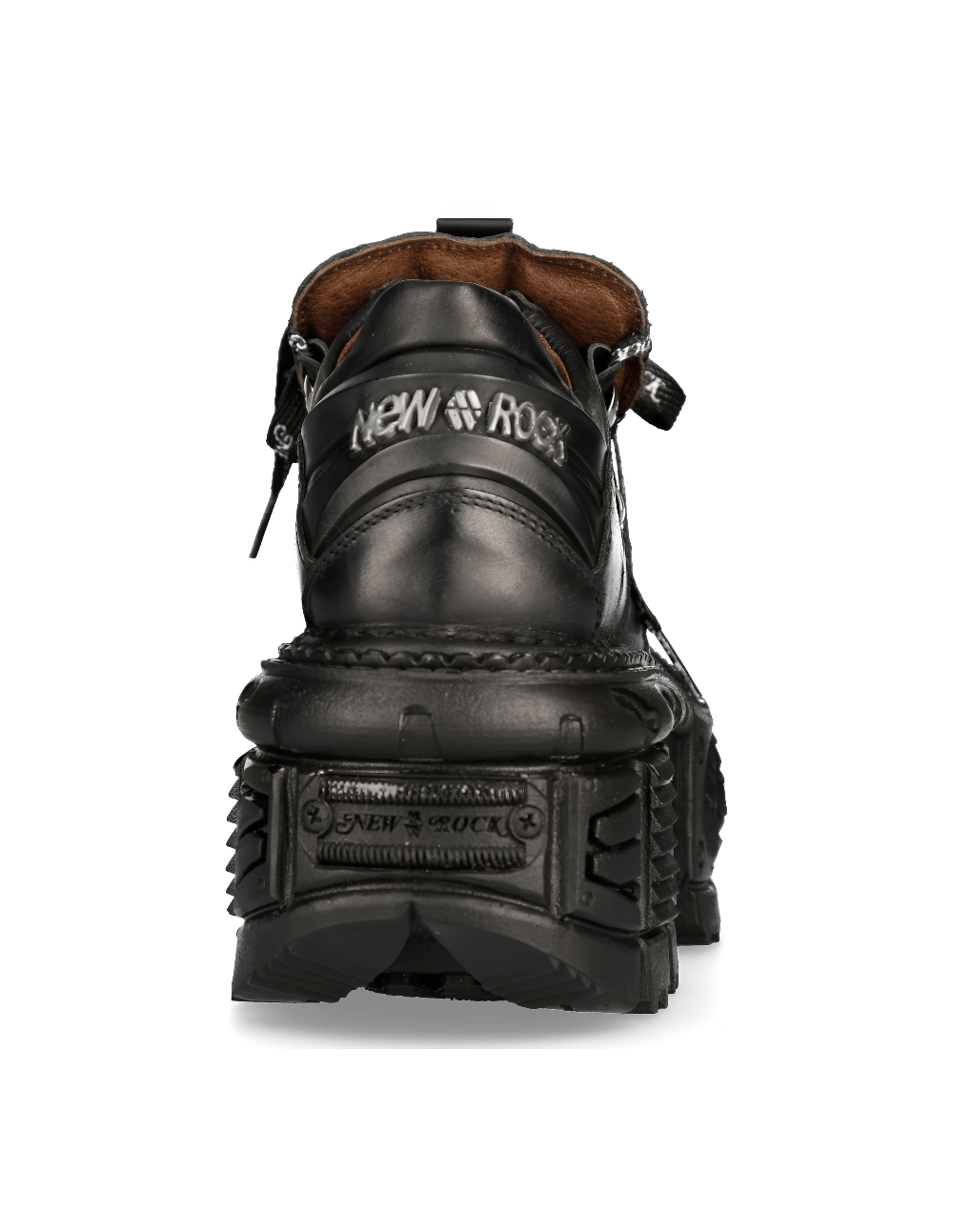 Back view of NEW ROCK Men's Black Leather Platform Ankle Boots featuring logo detail and cushioned sole.