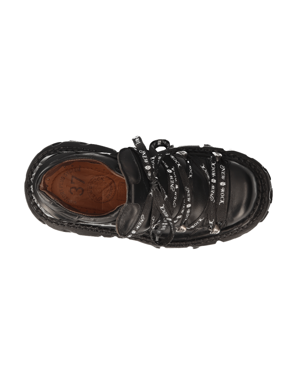 Top view of NEW ROCK men's black leather platform ankle boots with stylish lace-up design and logo laces.