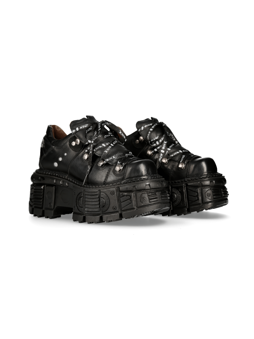 NEW ROCK Men's black leather platform ankle boots with metallic details and cushioned sole.