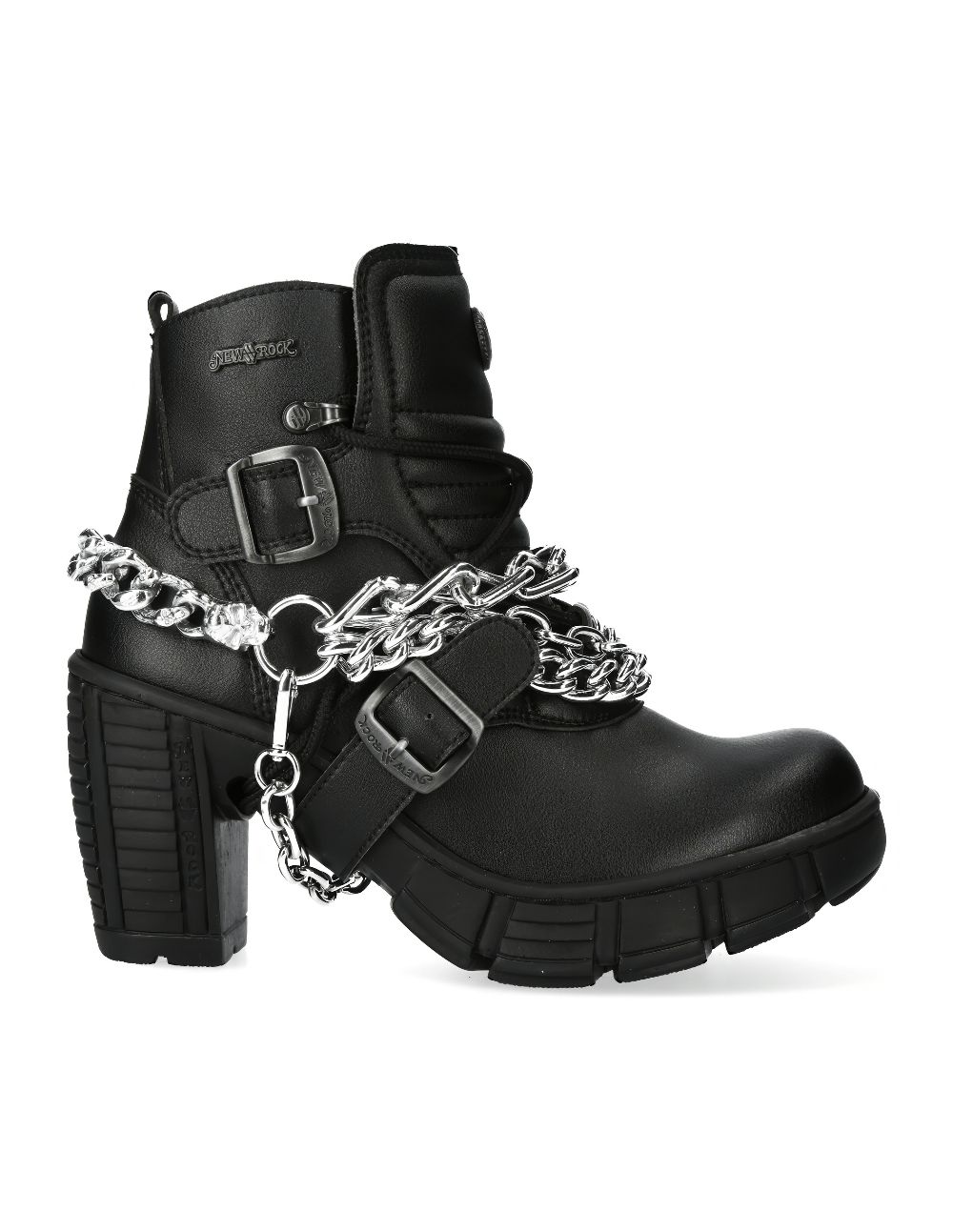 Punk style black ankle boots with chain detailing and chunky heel, perfect for bold fashion statements.