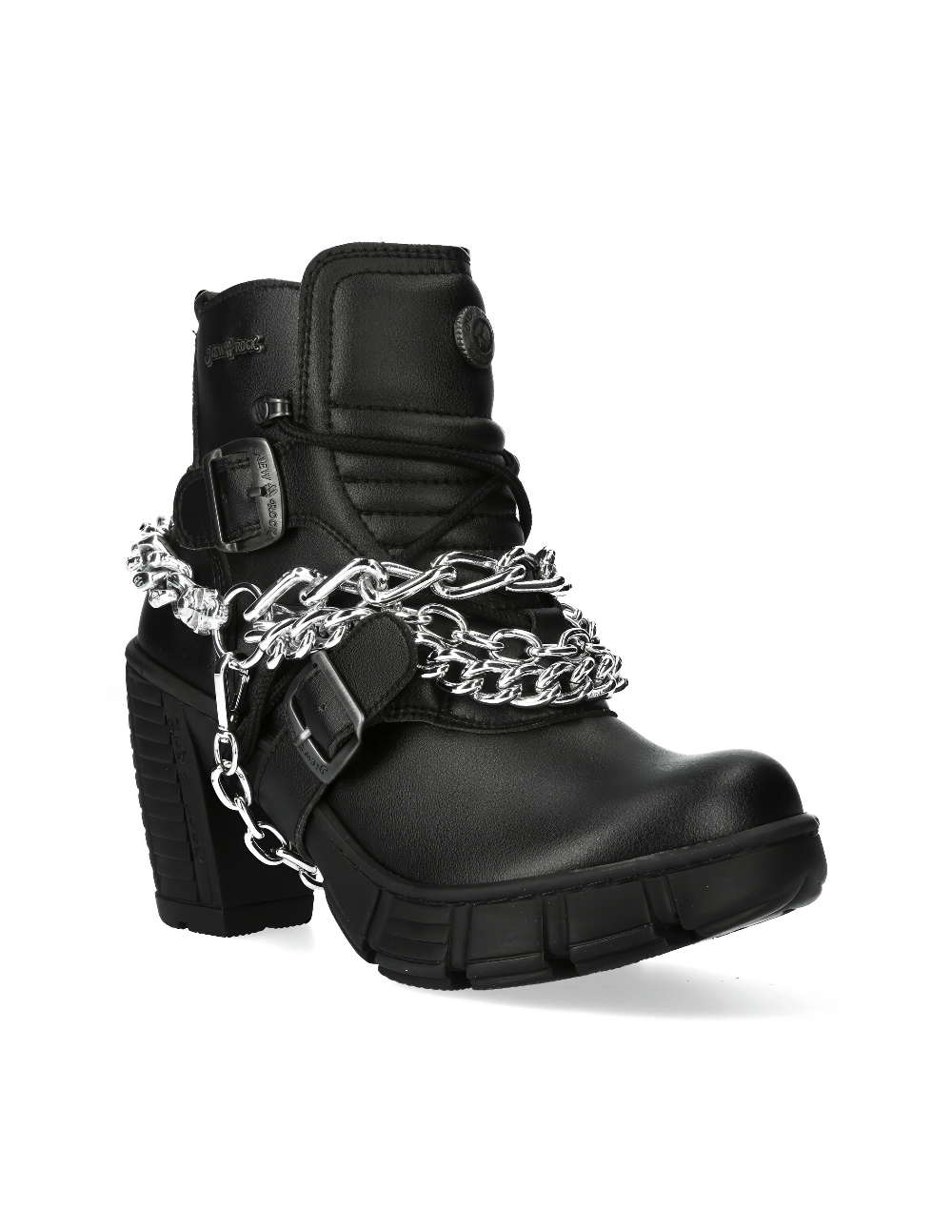 Punk style black ankle boots with chain detailing, featuring a chunky heel and edgy rock vibe, perfect for bold fashion statements.