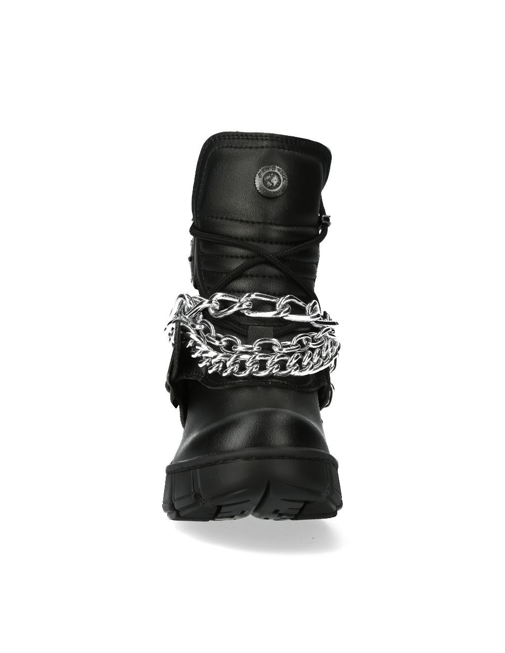 Front view of NEW ROCK punk chain-linked black ankle boots for women with a bold goth style.