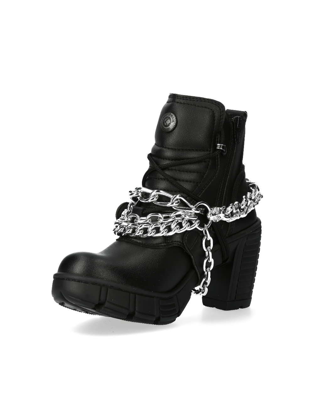 Punk style black ankle boots with silver chain detail, featuring a chunky heel and lace-up design, perfect for edgy outfits.