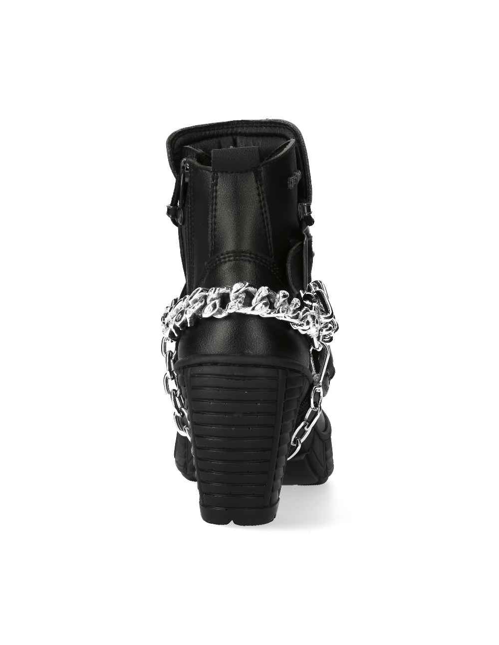 Back view of NEW ROCK black ankle boots with chain detail, perfect for a punk-inspired look.