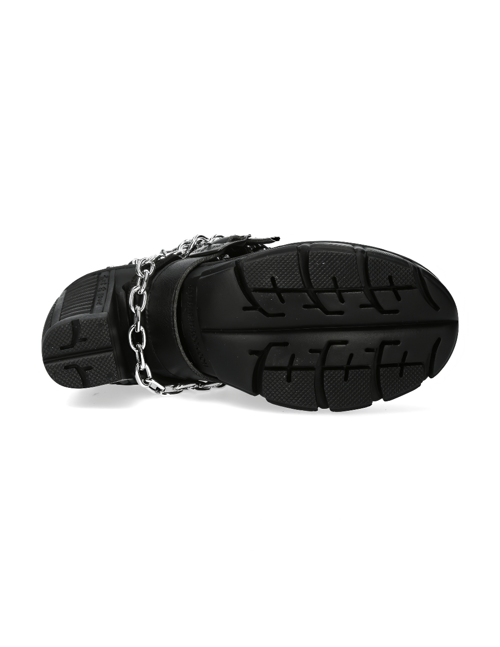 Bottom view of NEW ROCK punk style black ankle boots featuring a chain and sturdy tread for enhanced grip.