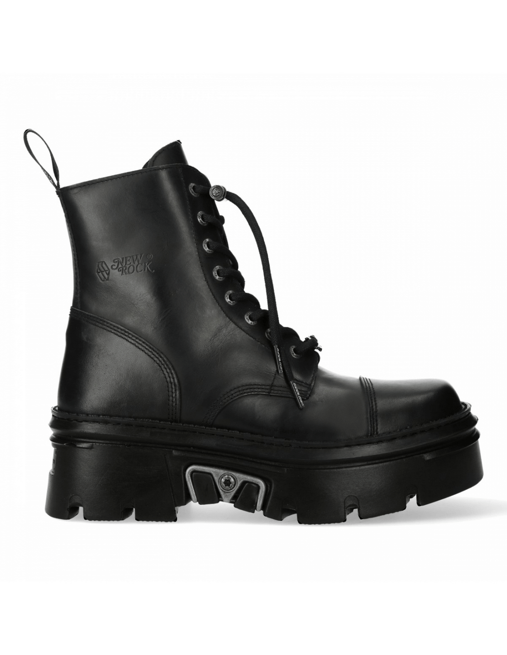 NEW ROCK unisex black leather punk style ankle boots with platform heel and lace-up front.