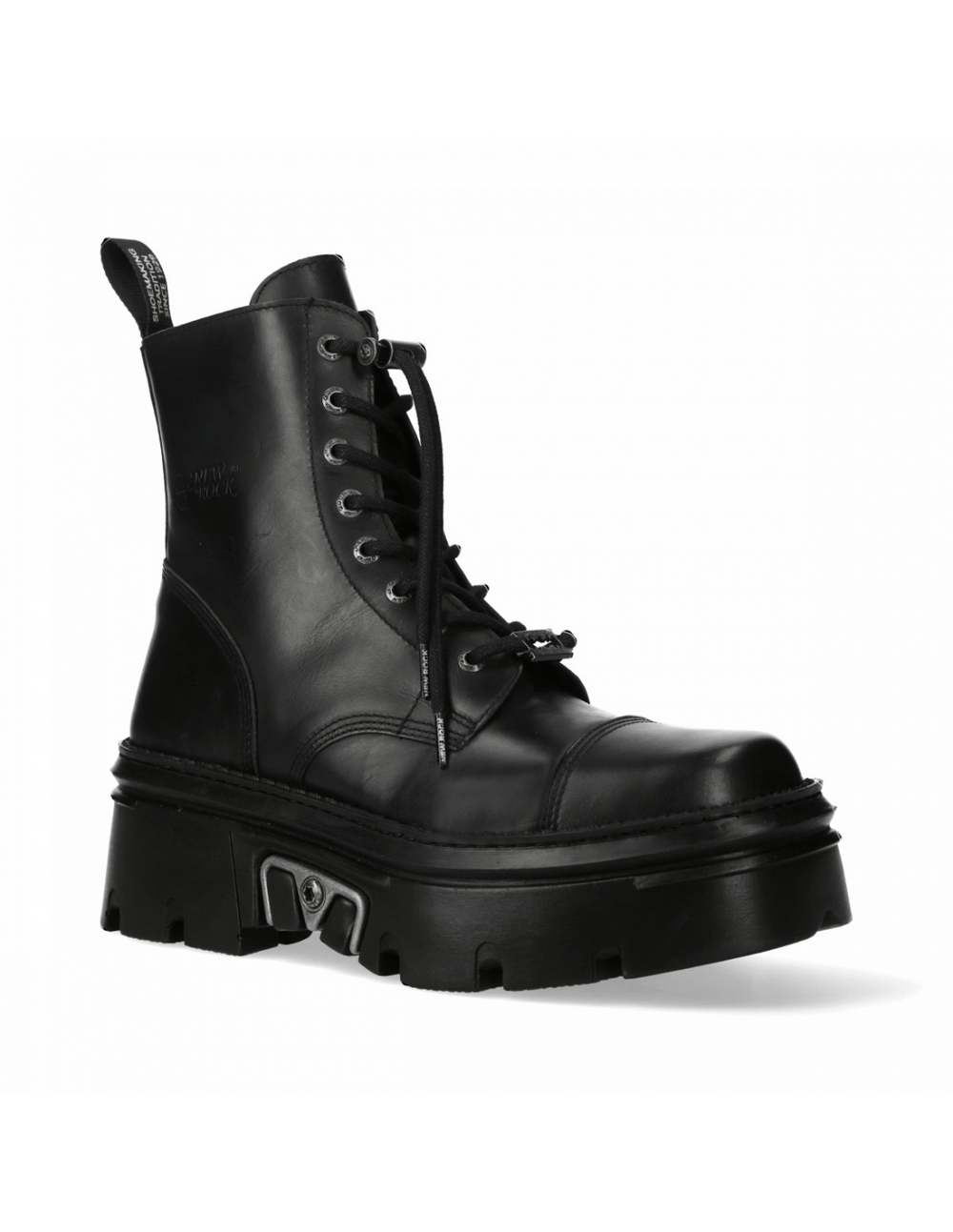 NEW ROCK Black Leather Punk Ankle Boots with Platform, featuring lace-up and zipper closure for unisex style.