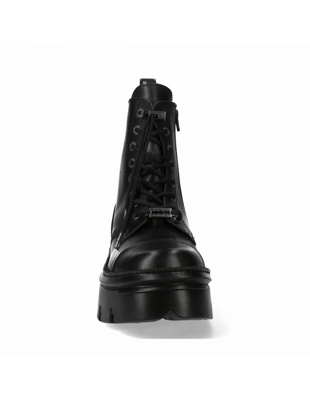 Front view of NEW ROCK unisex black leather punk ankle boots with platform and lace-up design.