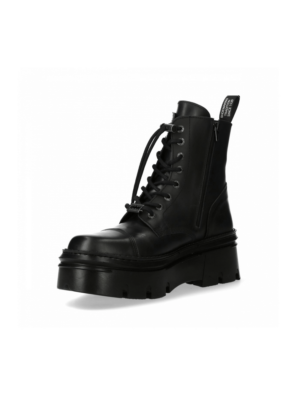 Unisex black leather punk ankle boots with platform heel and zip closure, perfect for bold style.