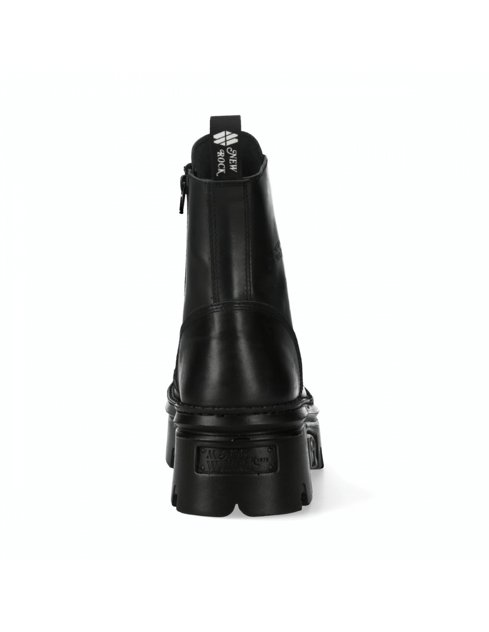 Back view of NEW ROCK punk style black leather ankle boots with platform heel and zipper closure.