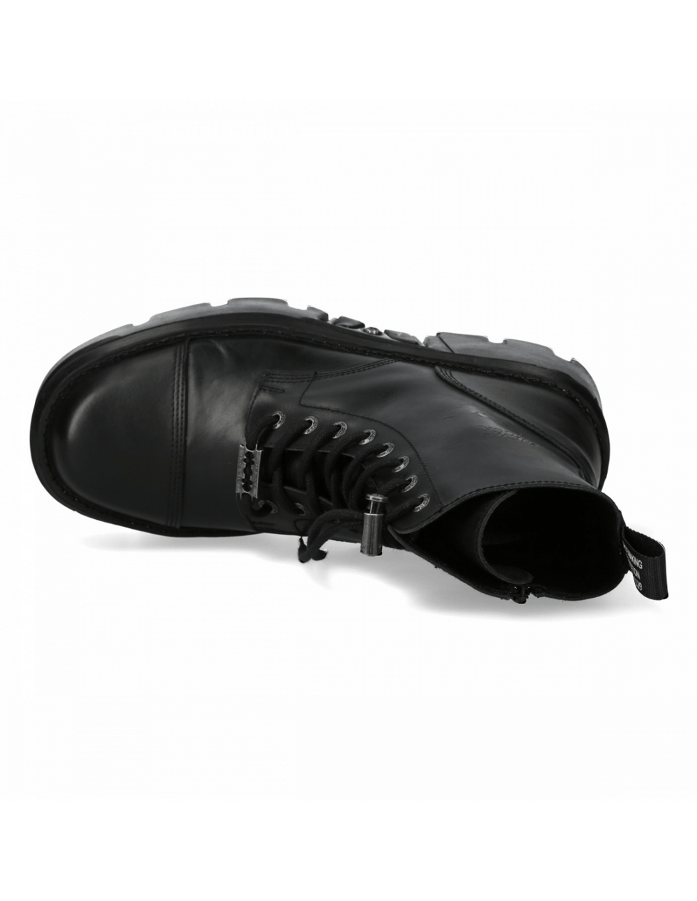 Top view of NEW ROCK Punk Style Black Leather Ankle Boots with platform, featuring lace-up and zipper closures.