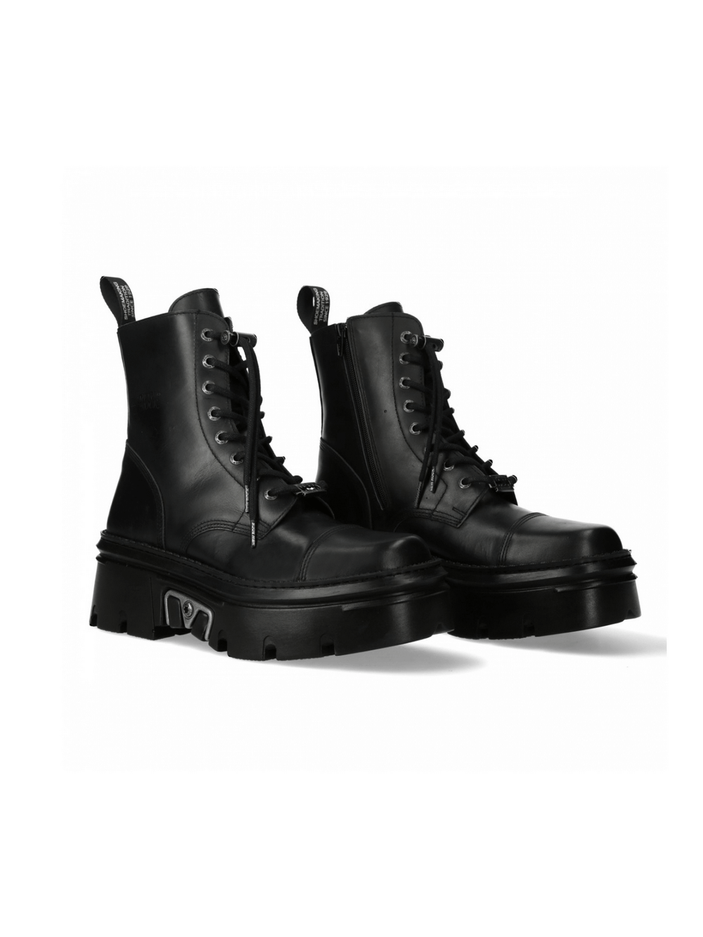 Unisex black leather punk style ankle boots with platform, lace-up and zipper closures for a bold look.