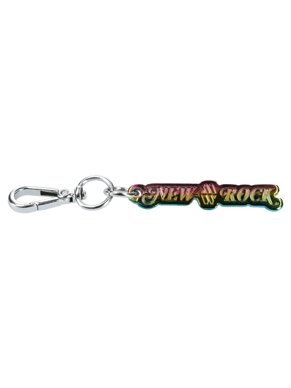 NEW ROCK rainbow iridescent keychain with carabiner clip, perfect for fashionable and edgy accessory lovers.