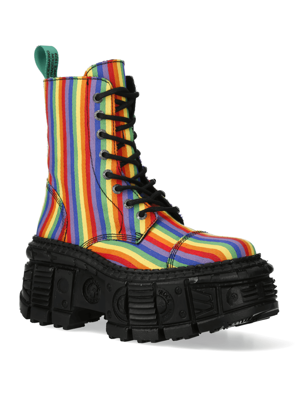 NEW ROCK rainbow striped platform ankle boots with bold design for a vibrant rock fashion style.