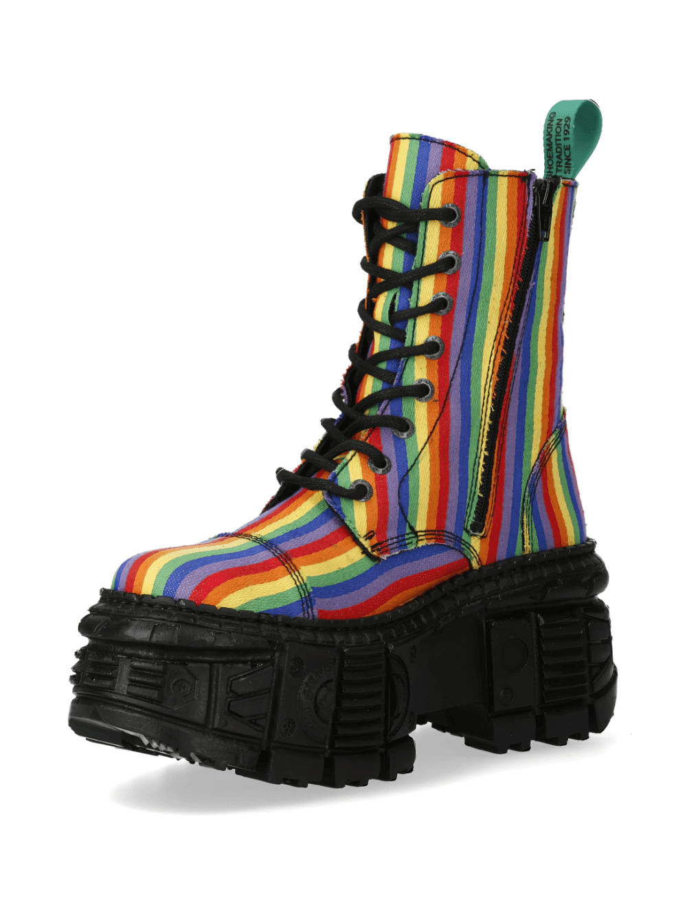 NEW ROCK rainbow striped platform ankle boots with lace-up closure for bold rock fashion style.