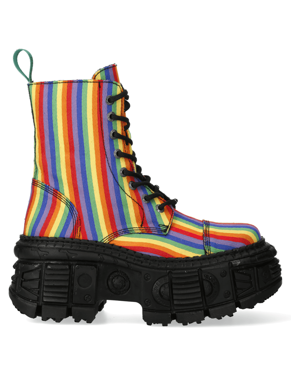 NEW ROCK rainbow striped platform ankle boots featuring bold colors and sturdy lace-up design, perfect for rock fashion.