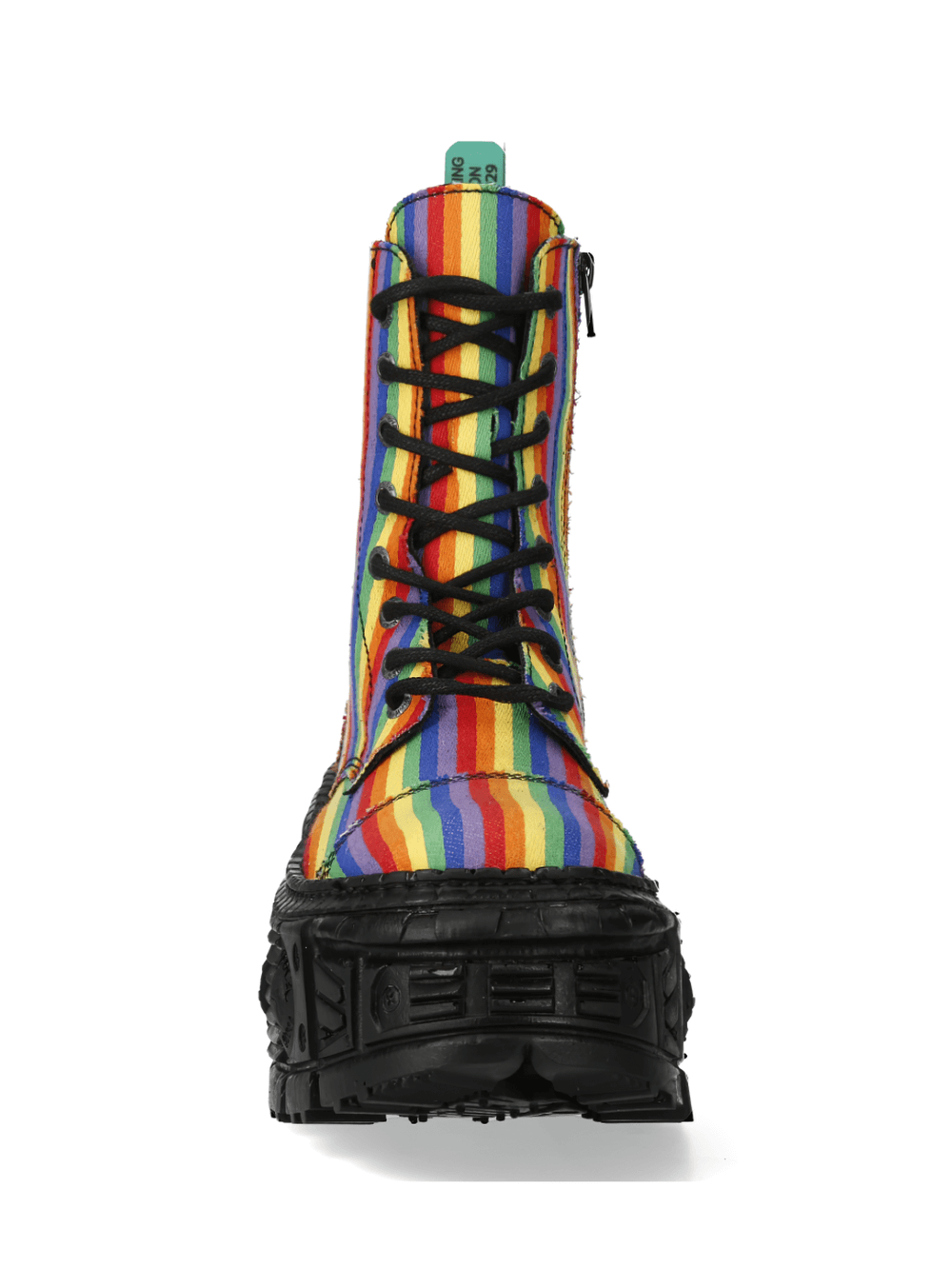 Vibrant NEW ROCK rainbow striped platform ankle boots with lace-up closure and bold rock style.