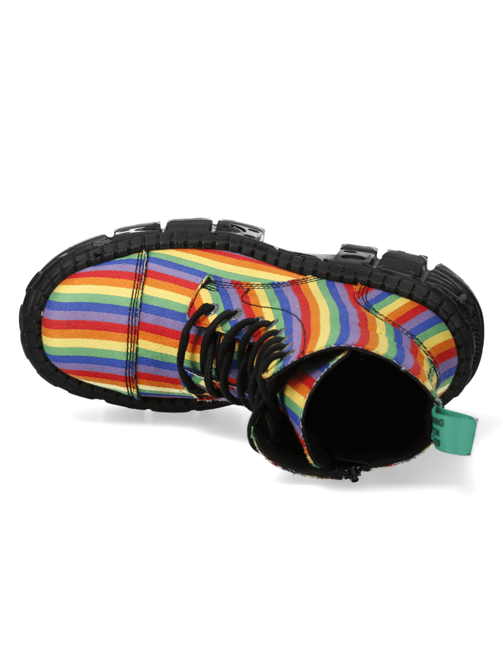 Top view of vibrant rainbow striped platform ankle boots, perfect for bold rock fashion.