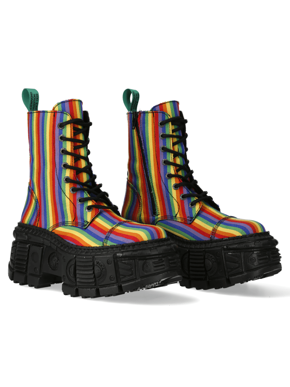 NEW ROCK rainbow striped platform ankle boots featuring bold colors and sturdy lace-up closure for rock fashion.